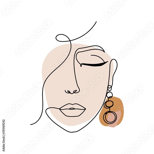 Line art women face with abstract shapes. Continuous art abstract face portrait vector illustration.Modern fashion illustration for prints, logo, business, card etc.
