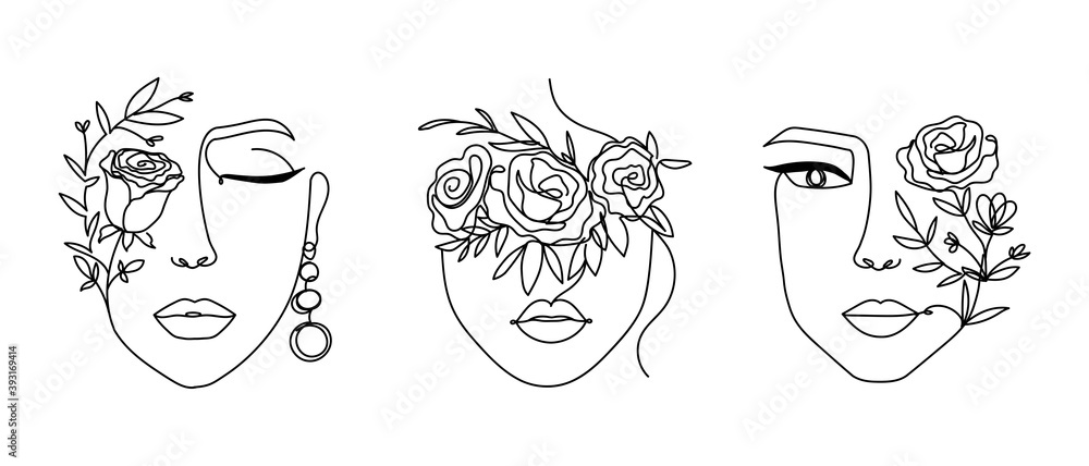 Women' faces in one line art style with flowers and leaves.Continuous line art in elegant style for prints, tattoos, posters, textile, cards etc. Beautiful woman face Vector illustration Women' faces in one line art style with flowers and leaves.Continuous line art in elegant style for prints, tattoos, posters, textile, cards etc. Beautiful woman face Vector illustration