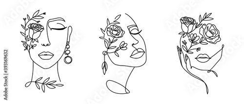 Photo Elegant women's faces in one line art style with flowers