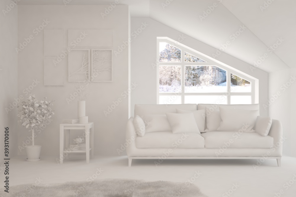 Mock up of stylish room in white color with sofa and winter landscape in window. Scandinavian interior design. 3D illustration Mock up of stylish room in white color with sofa and winter landscape in window. Scandinavian interior design. 3D illustration