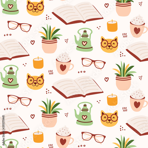 Cozy reading seamless pattern design with with book, cat, glasses, plant, hot chocolate, candle, and tea kettle
