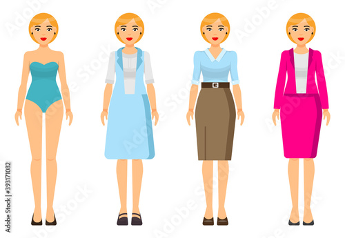 Cartoon characters. Woman blond with short haircut wearing different clothes. Girl in underwear. Businesslady wear business and home dress, skirt and blouse, office suit with jacket. Set of clothes © robu_s