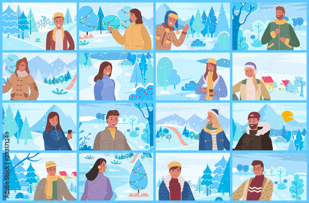 Collection of people spending time in winter park o forest. Landscape with trees and bushes, snowfalls and decorative plants for Christmas. Celebration of holidays outdoors, set of characters vector