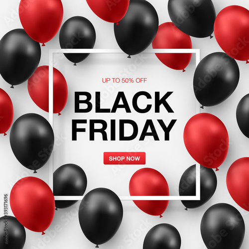 Black friday sale poster with shiny black and red balloons on white background with square frame. Vector illustration
