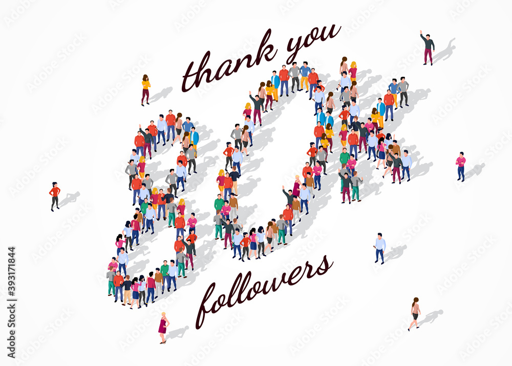 80K Followers. Group of business people are gathered together in the shape of 80000 word, for web page, banner, presentation, social media, Crowd of little people. Teamwork. Vector illustration 80K Followers. Group of business people are gathered together in the shape of 80000 word, for web page, banner, presentation, social media, Crowd of little people. Teamwork. Vector illustration