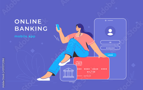 Online banking app and red credit card. Flat vector illustration of smiling woman sitting on a big credit card with bank mobile app and smartphone behind her for user login and business accounting