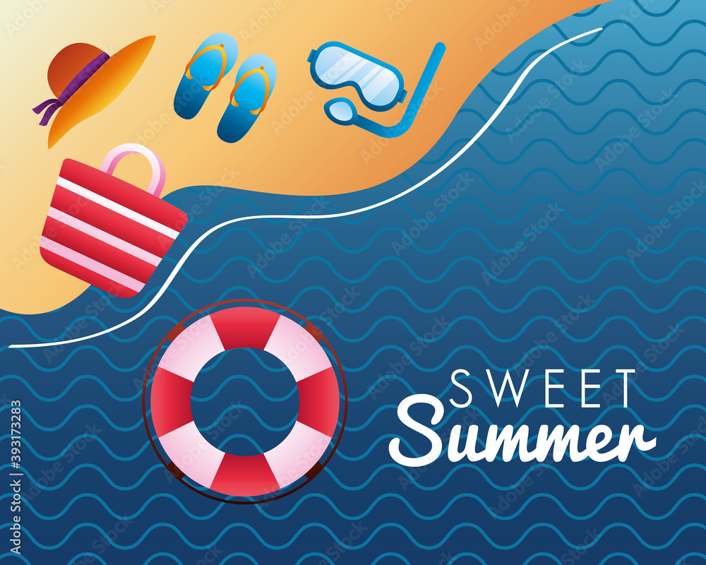 sweet summer season lettering with set icons on the beach sweet summer season lettering with set icons on the beach