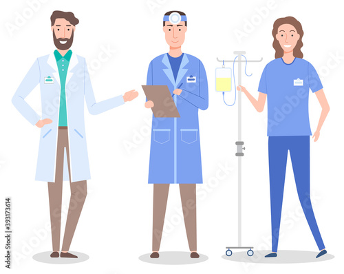 Set cartoon characters of medical staff. Healthcare medicine concept. Bearded doctor wearing white gown. Otolaryngologist or ent with clipboard. Nurse with medical equipment, drop counter or dropper