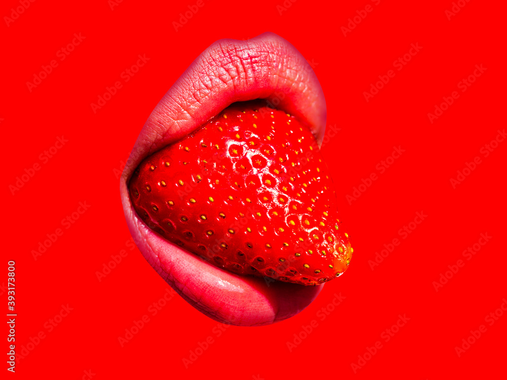 Sexy mouth lips with red strawberry tongue. Sexy mouth lips with red strawberry tongue.