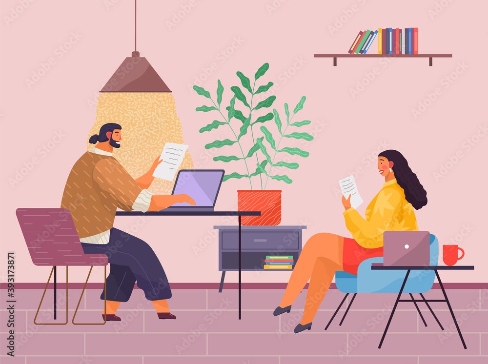 Workers in office, man sitting at table under lamp and working with document, report using laptop, internet, woman reading agreement, businesspeople working in stylish office with decorative elements Workers in office, man sitting at table under lamp and working with document, report using laptop, internet, woman reading agreement, businesspeople working in stylish office with decorative elements