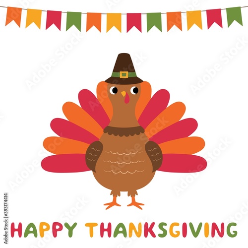 Happy Thanksgiving vector greeting card with a cartoon turkey