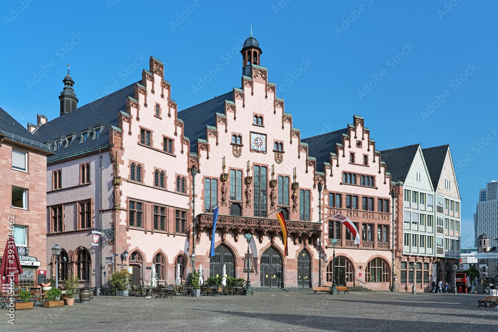The famous eastern facade of Romer in Frankfurt am Main, Germany. The Romer is a medieval building and one of the city's most important landmarks. It has been the city hall for over 600 years.
