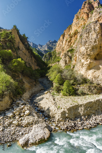 Sunny view of  mountains and Eltyulbyu village in North Caucasus  Kabardino-Balkaria  Russia.