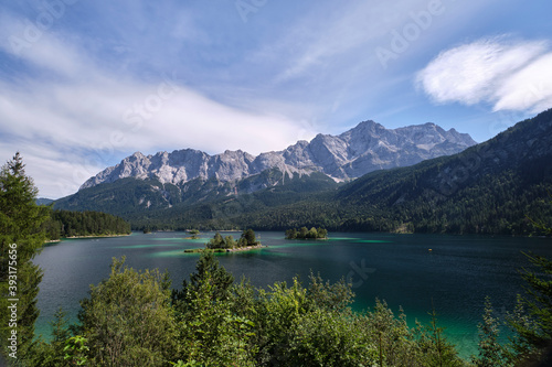 Mountain lake Eibsee in front of the Zugspitze