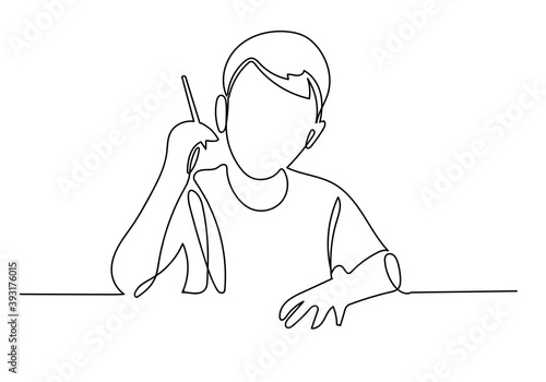 фотографія Continuous line of schoolboy raising his hand and pencil, idea a