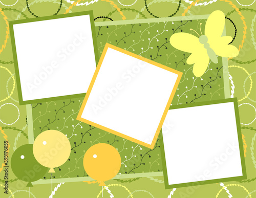 Design template for cute invitation card. Template for scrapbooking with hand drawn doodle patterns. For birthday, anniversary, party invitations. Vector
