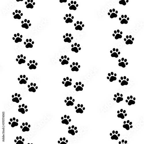 Paw print seamless pattern. Footprints for pets, dog, cat. Pet prints. Foot puppy. Silhouette shape paw. Footprint pet. Animal track. Trace dogs, cats. Cute background turn right. Design walks. Vector
