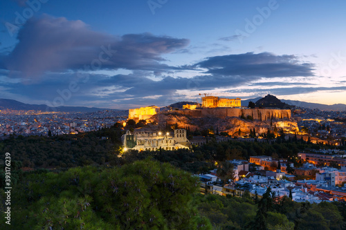 View of Athens from Filopappou hill at sunrise, Greece. photo