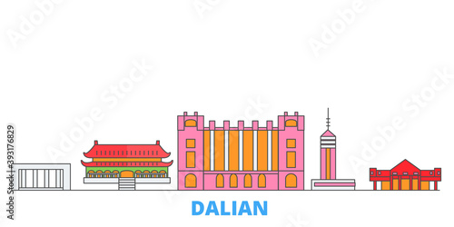 China, Dalian cityscape line vector. Travel flat city landmark, oultine illustration, line world icons