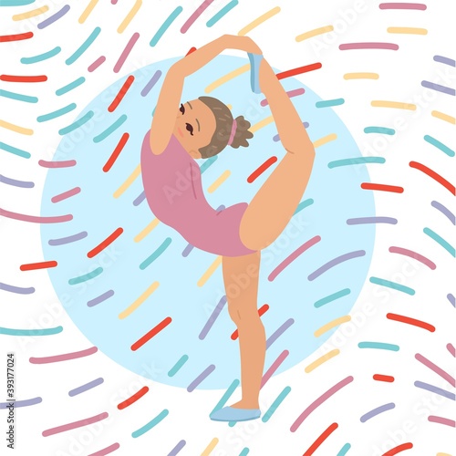 Girl gymnast, acrobatic pose, twine, holds her leg over her head. Vector banner design, illustration with character. Vector drawing in cartoon style