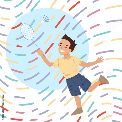 Card of kids sport badminton. A boy with a racket beats off a shuttlecock. Kids activity. Vector character illustration, banner design.