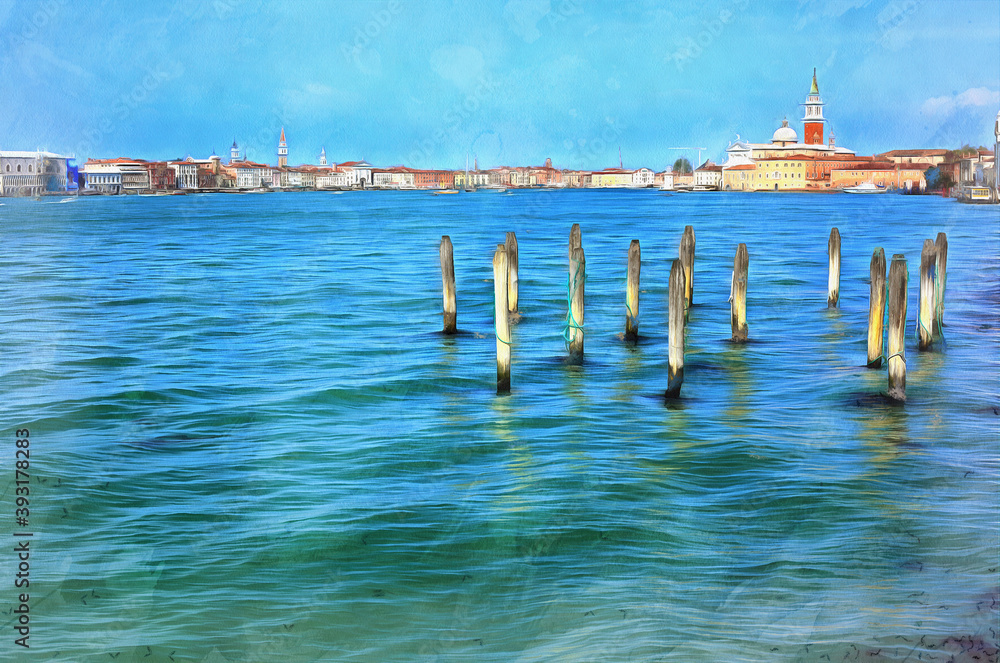 Nice view on Venice from water colorful painting looks like picture