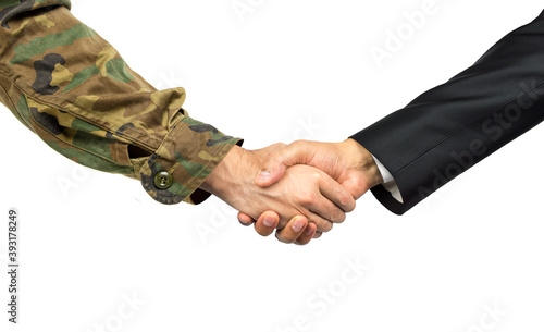 Quadro su tela Closeup studio shot of a soldier shaking hands with a politician