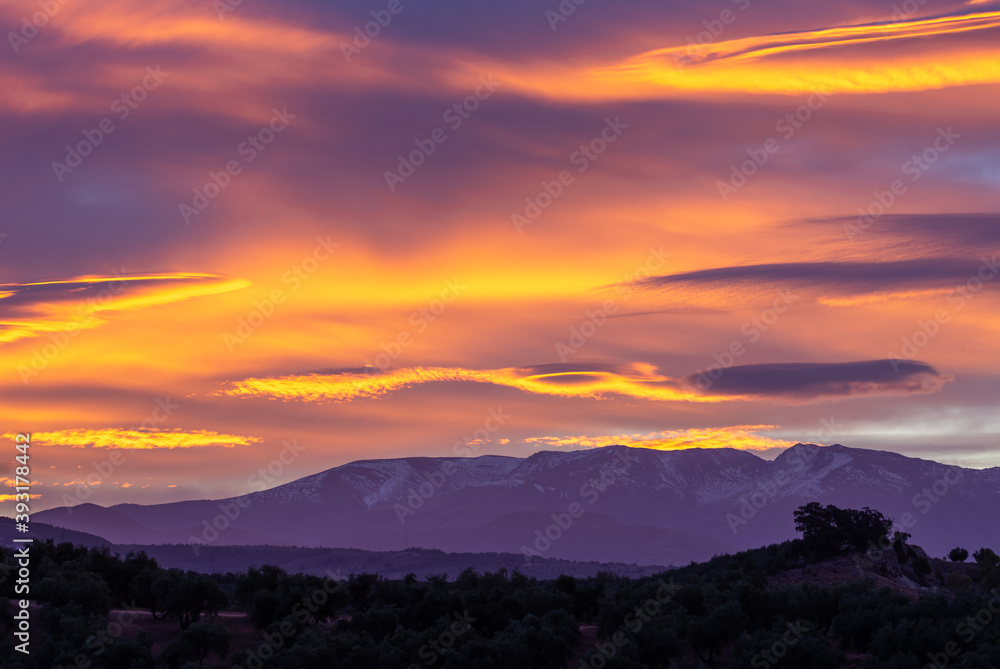 Large lenticular clouds over Sierra Nevada at sunrise