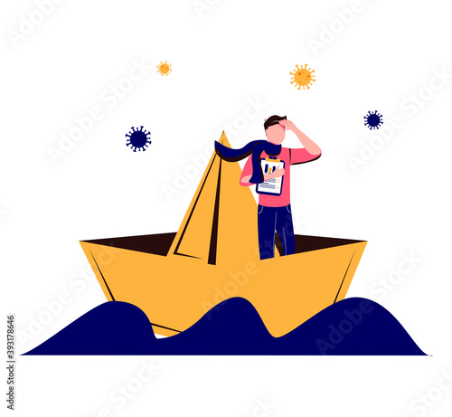 Leadership for crisis management in Coronavirus COVID-19 pandemic causing economic recession concept, businessman company leader manage to survive in sinking boat situation