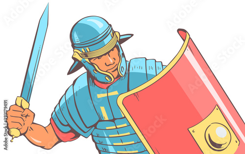 Roman soldier legionnaire in battle. 
In the hands of a sword and a large shield. There is a helmet on the head, armor on the body. Vector illustration.