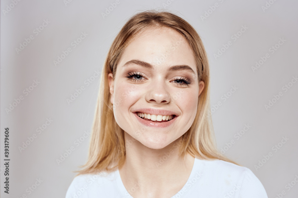 emotional blonde white t-shirt close-up studio lifestyle fun emotional blonde white t-shirt close-up studio lifestyle fun