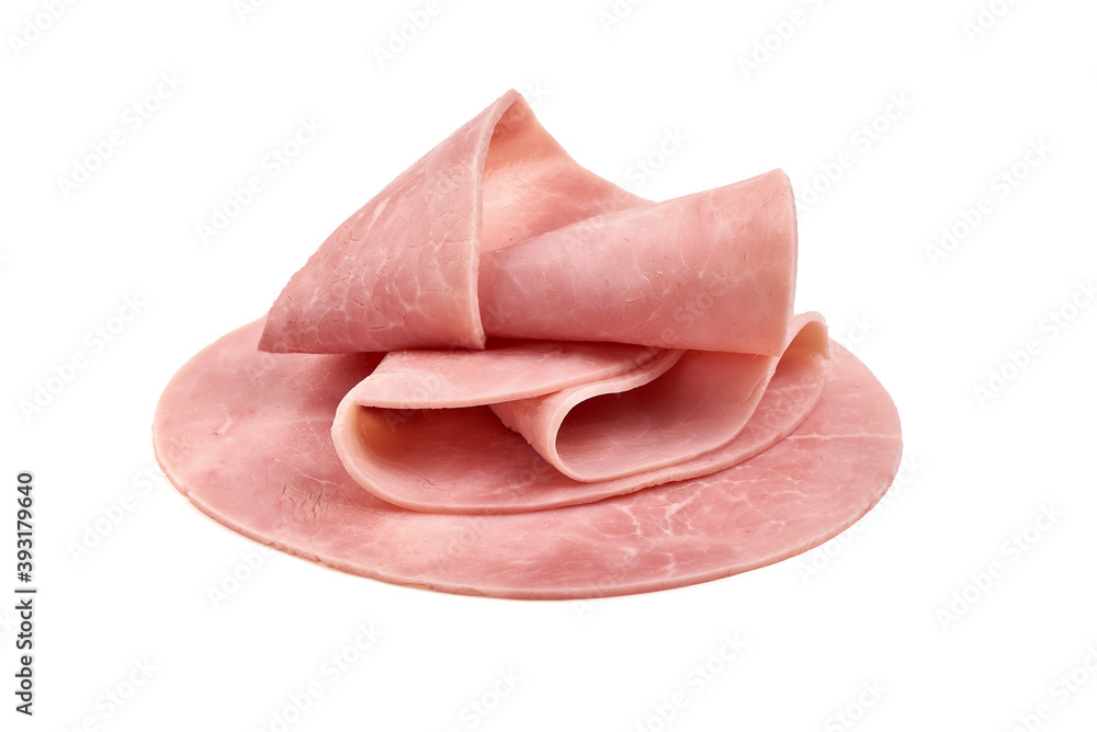 Boiled Ham Slices, close-up, isolated on a white background Boiled Ham Slices, close-up, isolated on a white background