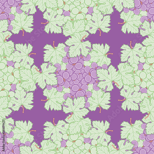 Grape bunch nest vector repeating pattern. Fruits and leaves seamless illustration background.