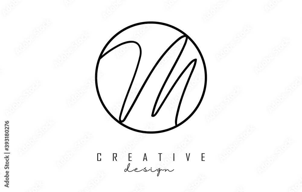 Handwriting letters M logo design with simple circle vector illustration.