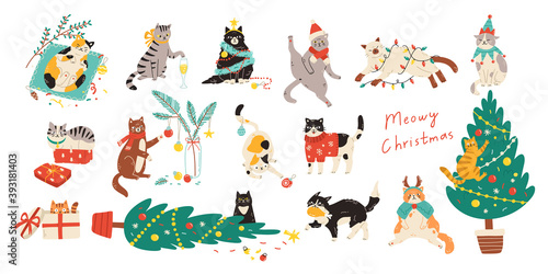 Merry Christmas  Bundle of cats celebrating winter holiday. Vector illustration of cute pets wearing costumes  climbing Christmas tree and being naughty in flat cartoon style. Elements are isolated.