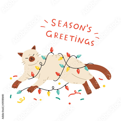 Merry Christmas! Happy Siamese cat lying tangled in Christmas lights with a season's greetings message above. Poster, banner or card design in trendy cartoon style. Elements are isolated.