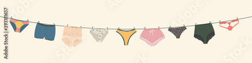 Women's panties hanging on a rope. The underwear is dried after washing. Various options for panties. Vector flat illustration, hand drawing.