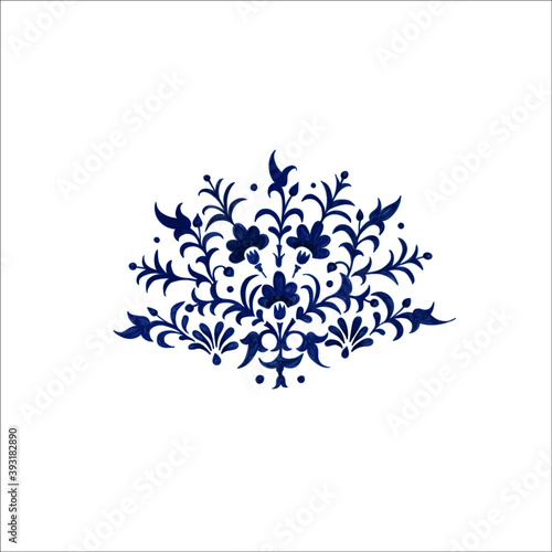 Folk indigo coloured ornament.  Hand drawn floral illustration. Ethnic pattern.