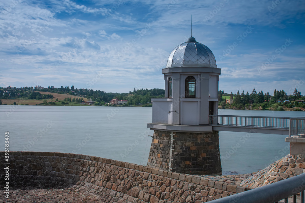 Plumlov water dam in Moravia in Czech Republic in Europe. Tower and concrete dam.