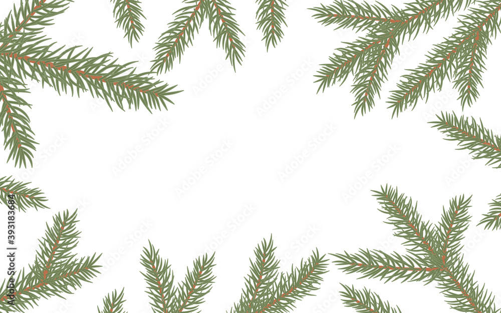Christmas tree branches frame. Decorative Christmas and new year decorations with text indentation. Vector illustration background.
