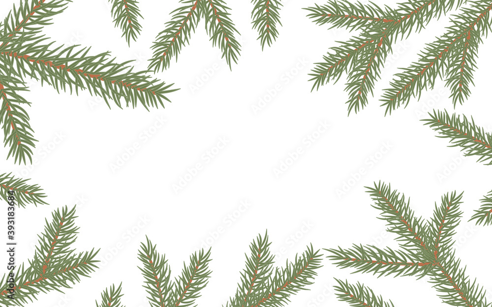 Christmas tree branches frame. Decorative Christmas and new year decorations with text indentation. Vector illustration background. Christmas tree branches frame. Decorative Christmas and new year decorations with text indentation. Vector illustration background.