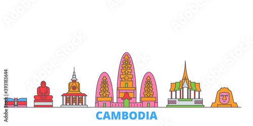 Cambodia cityscape line vector. Travel flat city landmark, oultine illustration, line world icons