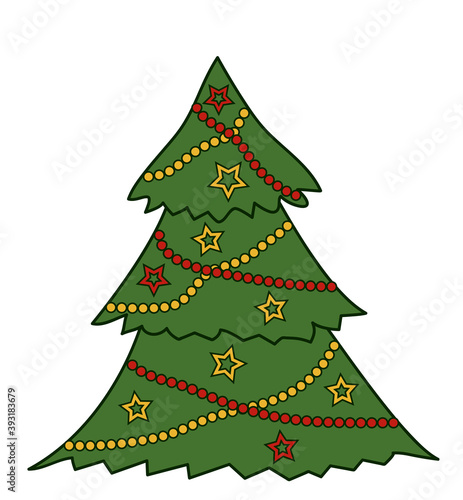 Green Christmas tree as a symbol of a Happy New Year. Decorated with stars and garlands  red and gold. Merry Christmas holiday.