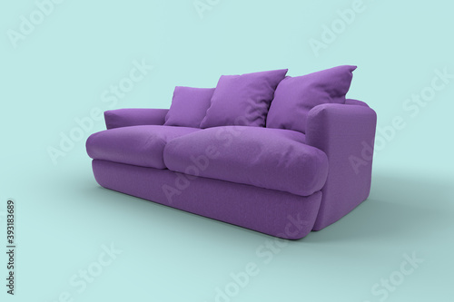 Violet couch with pillows on studio blue background.