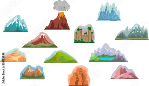 Set of mountain elements. Outdoor icon. Hand drawn snow ice mountain tops