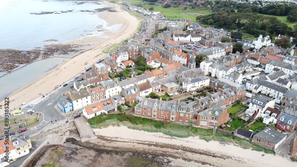 North Berwick city, Scotland, aerial view. View of the beach and city buildings