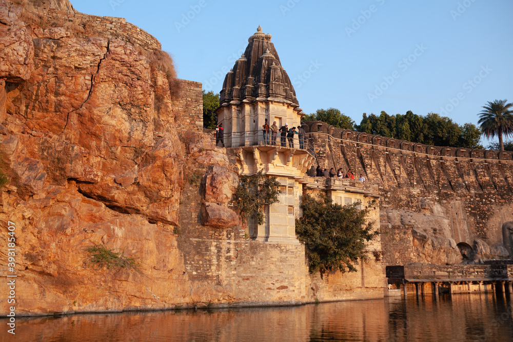 Gaumukh Reservoir in famous Chittor Fort, Rajasthan, India. Beginning in the 7th century, the fort was capital of Mewar Kingdom. Its was built in the 15th century.