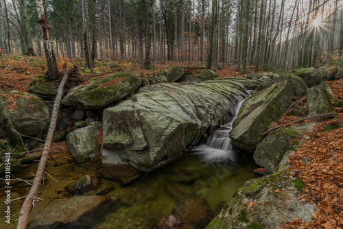 Velky Cerny Stolpich creek in autumn fresh morning in Jizerske mountains