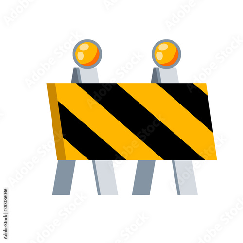 Road barrier. Parking fence. Striped yellow sign. Repair and construction. Warning about danger. Flat cartoon