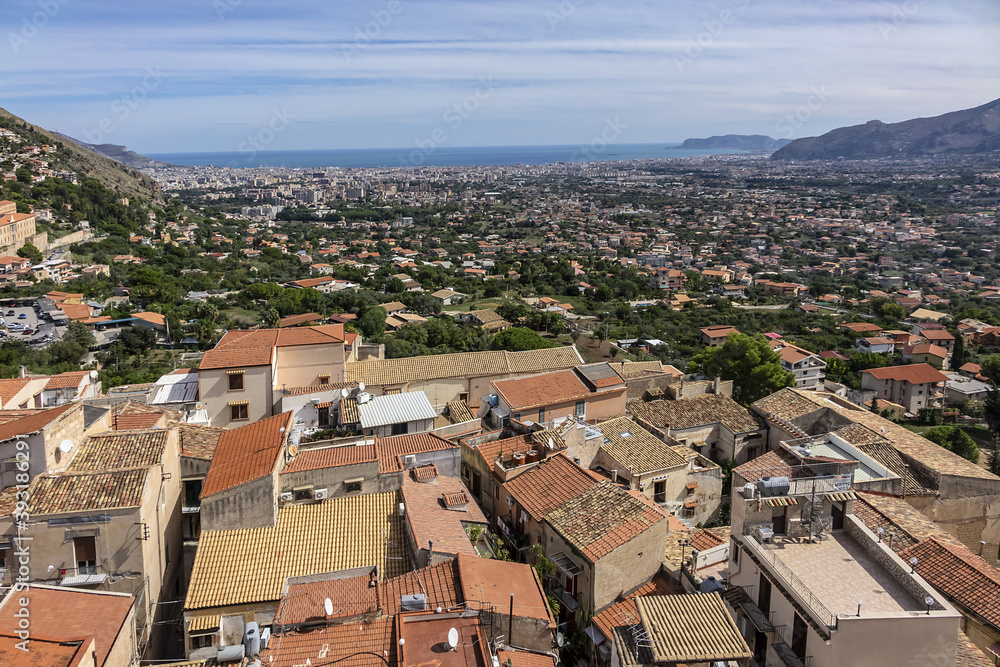 Fototapeta premium Aerial view of Monreale city. Monreale - town and commune in the Metropolitan City of Palermo. Sicily, Italy, Europe.